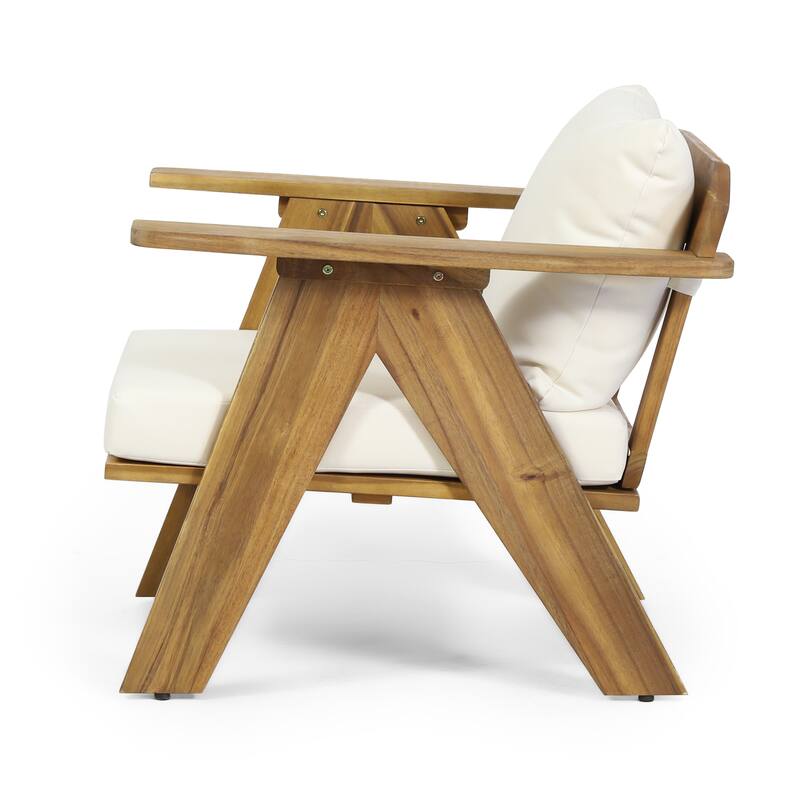 2 Piece Outdoor Patio Acacia Wood Club Chairs Set with Beige Cushions