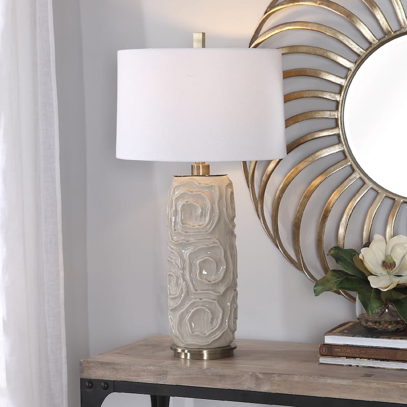Geometric Crackled Glaze Table Lamp with Tapered Drum Shade - 34" - Gray