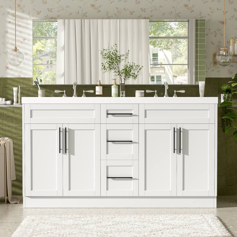 59" Double Sink Bathroom Vanity with SMC Top, Solid Wood Frame & Soft Close Doors, Gray Storage Cabinet - White
