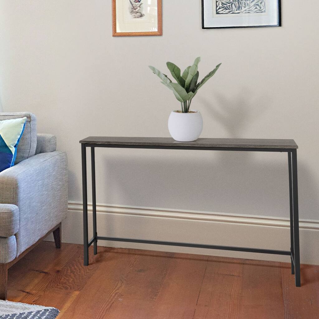 Slim Black Metal Console Table w/ Rectangular Wood Top