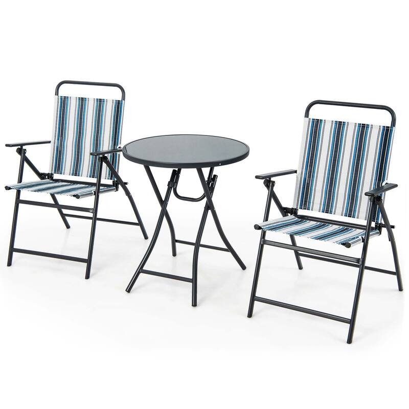 3 PCS Patio Bistro Set Outdoor Folding Table & Chairs Set w/ Metal Frame - Black, Blue, White
