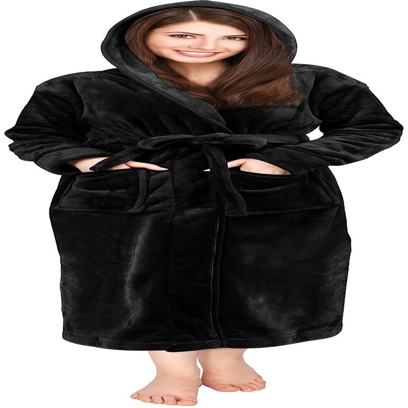 Women's Fleece Hooded Bathrobe Plush - Black