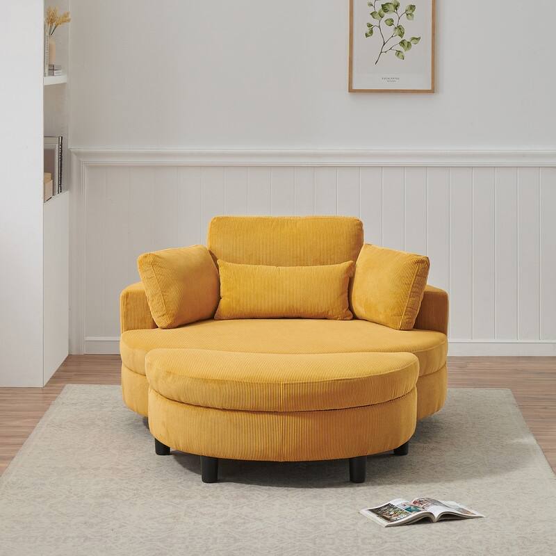 51-inch corduroy sofa with two throw pillows and a waist pillow with an extra tray