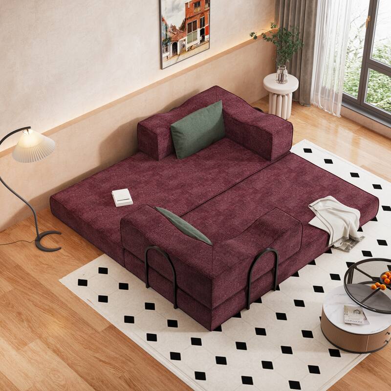 80" Convertible Sofa Bed with 2 Pillows, 2-Seat Folding Floor Couch, Multifunctional Chenille Loveseat Living Room Sleeper Sofa