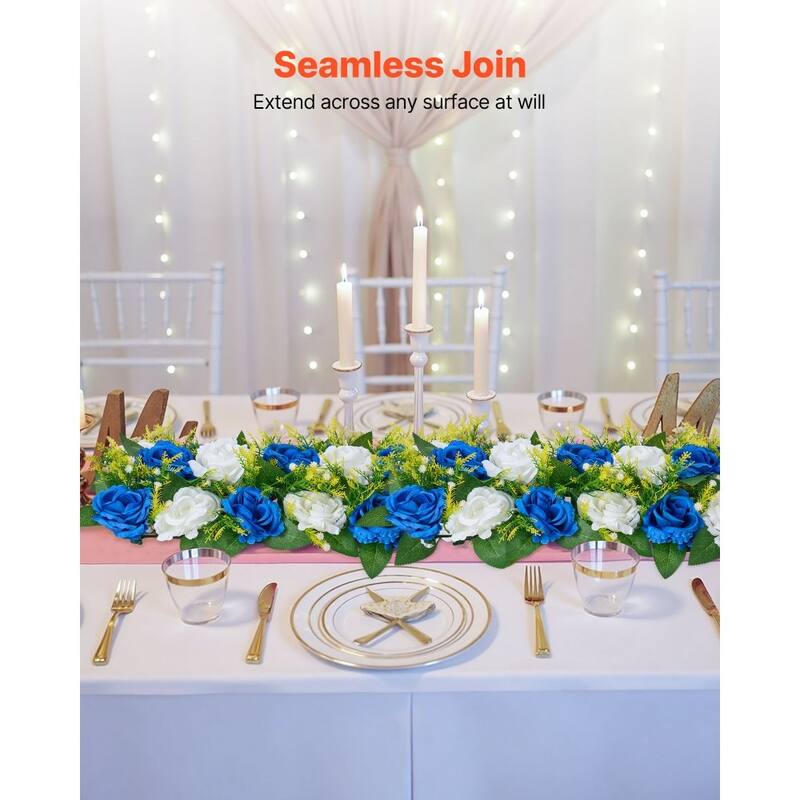 Blue-White Silk Rose Linear Centerpieces Set of 10 with Stable Base - 19.7 x 8.7 x 4.27 inch