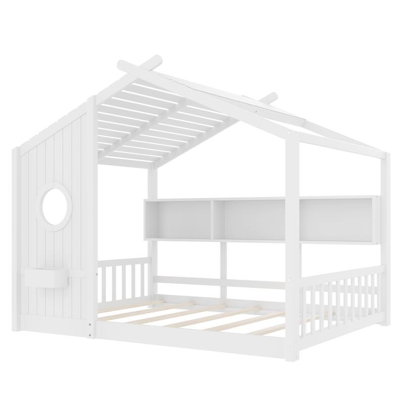 House Bed Frame for Toddler Floor Bed, Kids Montessori Bed with Storage Shelf and Round Window, Playhouse Bed with Roof Design