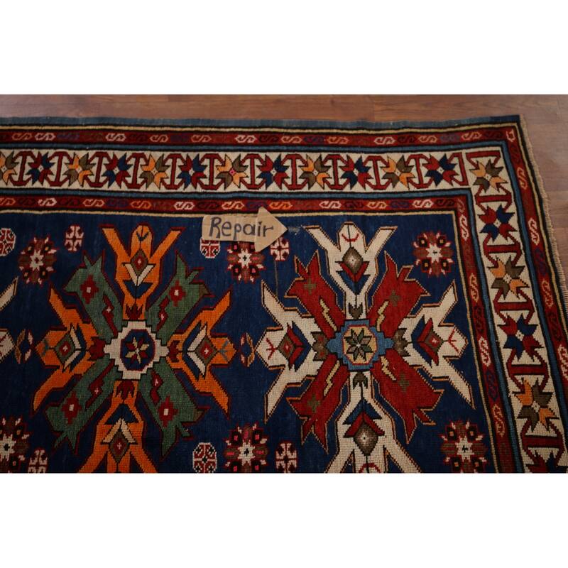 Navy Blue Geometric Kazak Vegetable Dye Wool Carpet - 3'5" x 5'2"