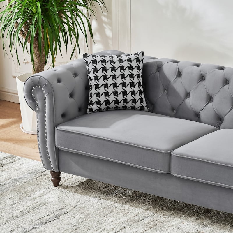 87"Chesterfield ‌velvet upholstery fabric Sofa with Roll Armrest & Nailhead,Upholstered Modern Couch,3 Seater Couch