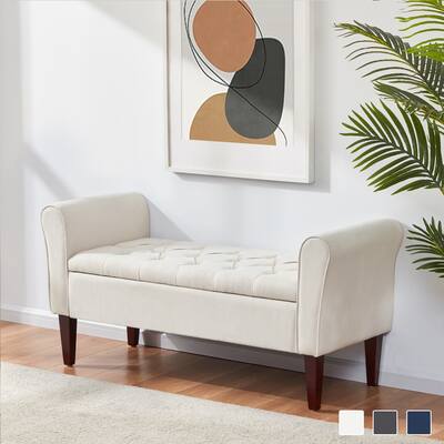 HUIMO Arm Fabric Storage Ottoman with Solid Wood Legs-Beige/ Grey/ Blue 48"W x 18"D x 23"H