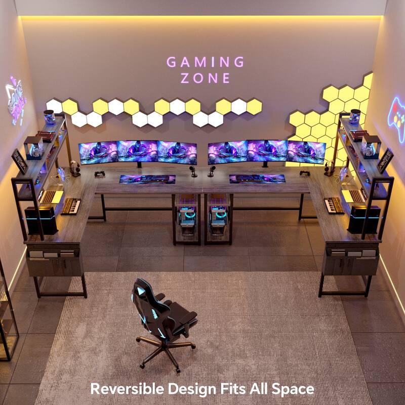 Reversible L-Shaped Desk with Storage Shelves and Hutch, Corner Desk with Charging Station and RGB LED Lights