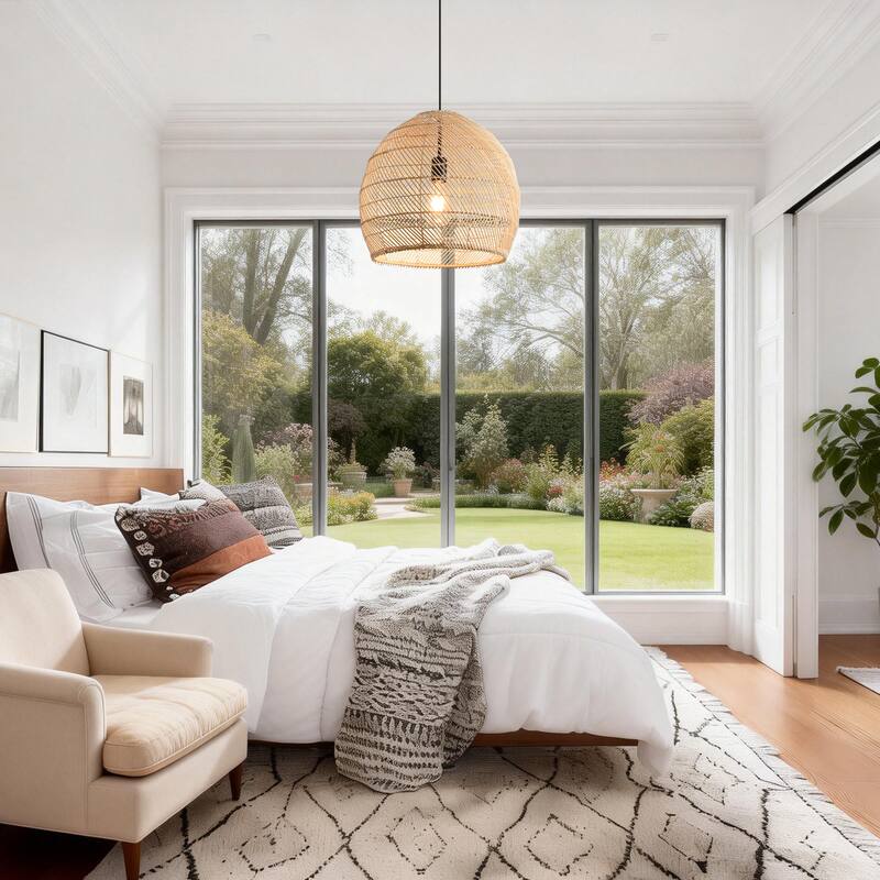 1-Light Coastal Style Brown Hand-Woven Rattan Cloche Hanging Pendant Light - 15.7" W x 62.9" H