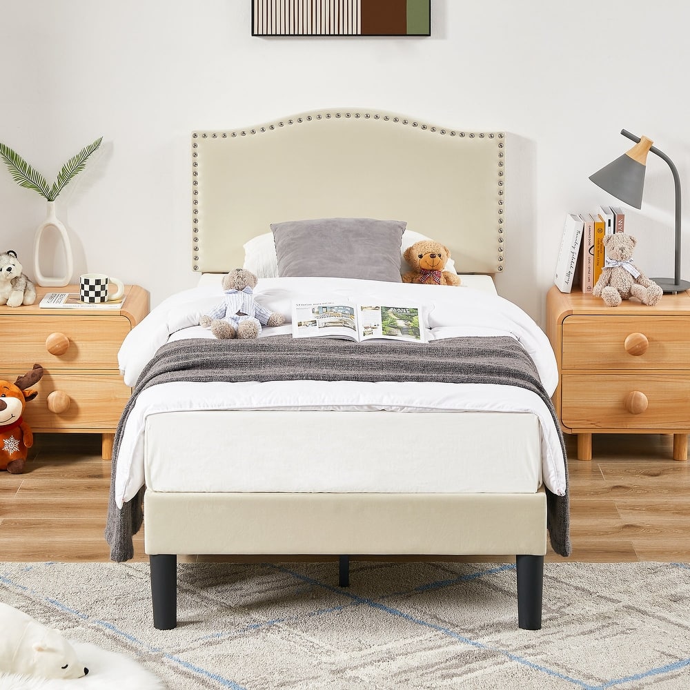 VECELO, Upholstered Platform Bed Frame with Nailhead Headboard- Twin/Full/Queen Size Bed-Beige