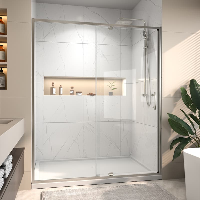 Modland 56-60''W x 71''H Pivot Frame Sliding Shower Door with 1/4"(6mm) Clear SGCC Tempered Glass, Black/Nickel/Chrome