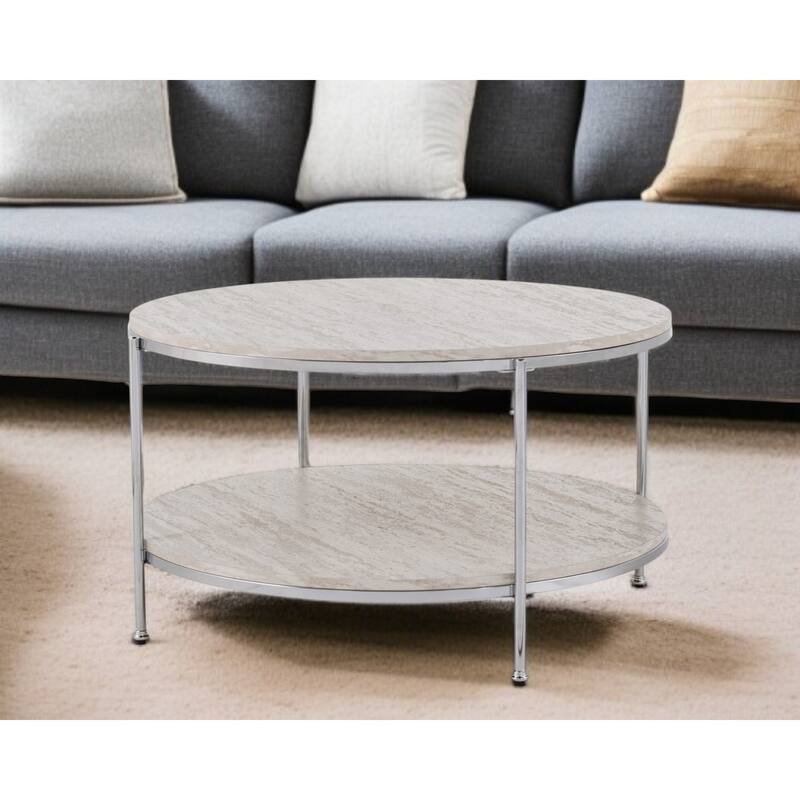 33" Chrome Faux Marble And Metal Round Coffee Table - 18.5" H x 33.25" W x 33.25" D - 18.5" H x 33.25" W x 33.25" D - White - Marble