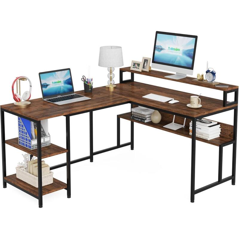 L-Shaped Reversible Office Desk with Monitor Stand and Spacious Storage Shelves