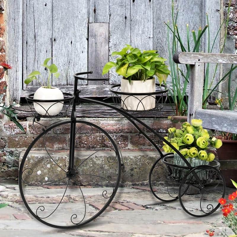 Zimtown Paint Iron Bicycle Shape 3 Plant Stand Black