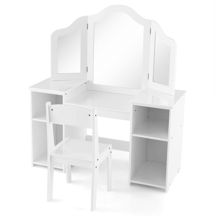 Kids Vanity Table and Chair Set with Removable Tri-Folding Mirror - 41" x 16" x 46" - White
