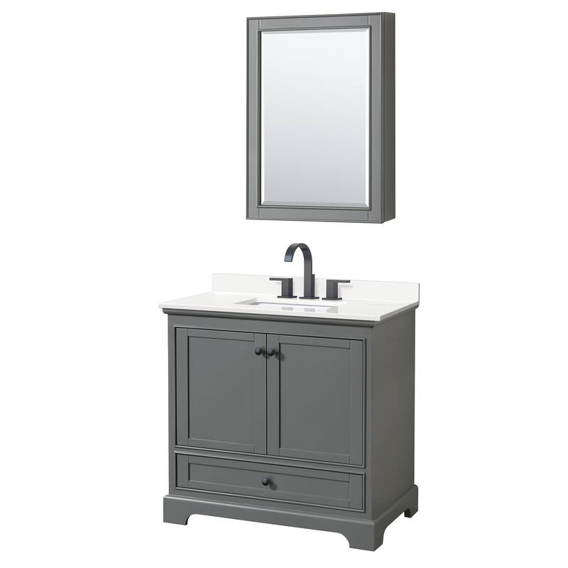 Deborah 36-inch Single Vanity, Quartz Top, Medicine Cabinet - Dark Gray, Black Trim, White Quartz Top
