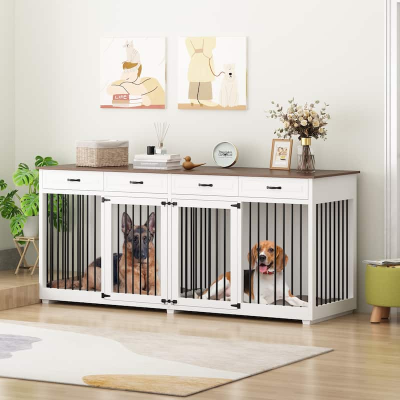 86.6"Wooden Dog Crate Kennel with 4 Drawers,Double Dog Crate Furniture - White+Wood