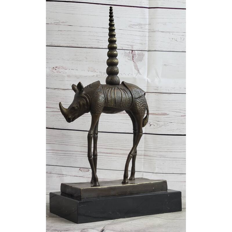 Salvador Dali Cosmic Rhinoceros Surreal Rhino Bronze Sculpture Statue On Marble Base