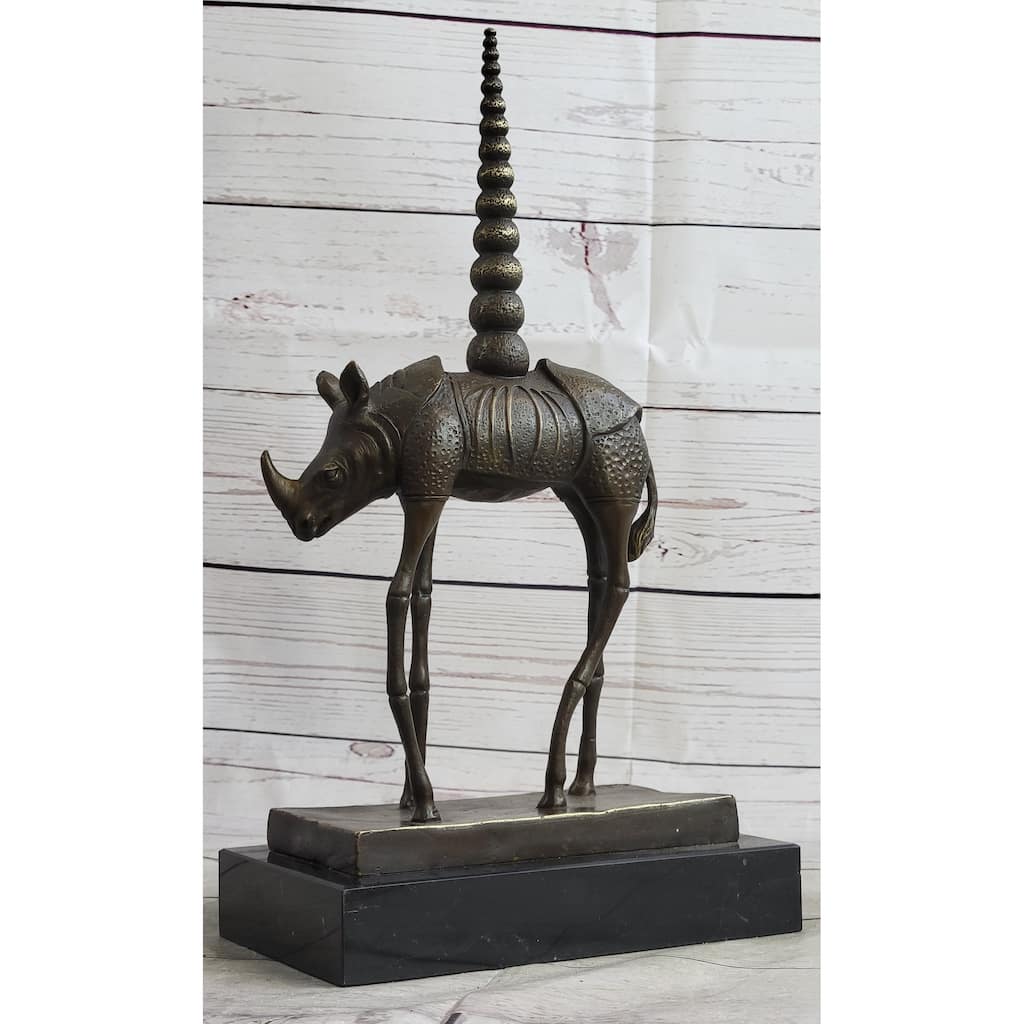 Salvador Dali Cosmic Rhinoceros Surreal Rhino Bronze Sculpture Statue On Marble Base