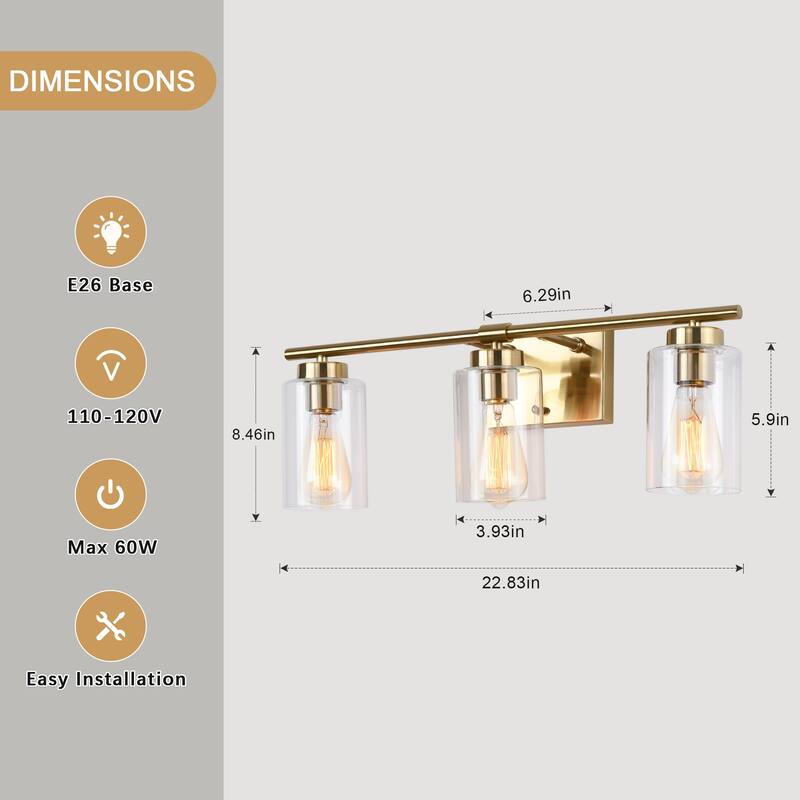 22.83 in. 3-Light Modern Wall Sconce Bathroom Vanity Light with Glass Shade
