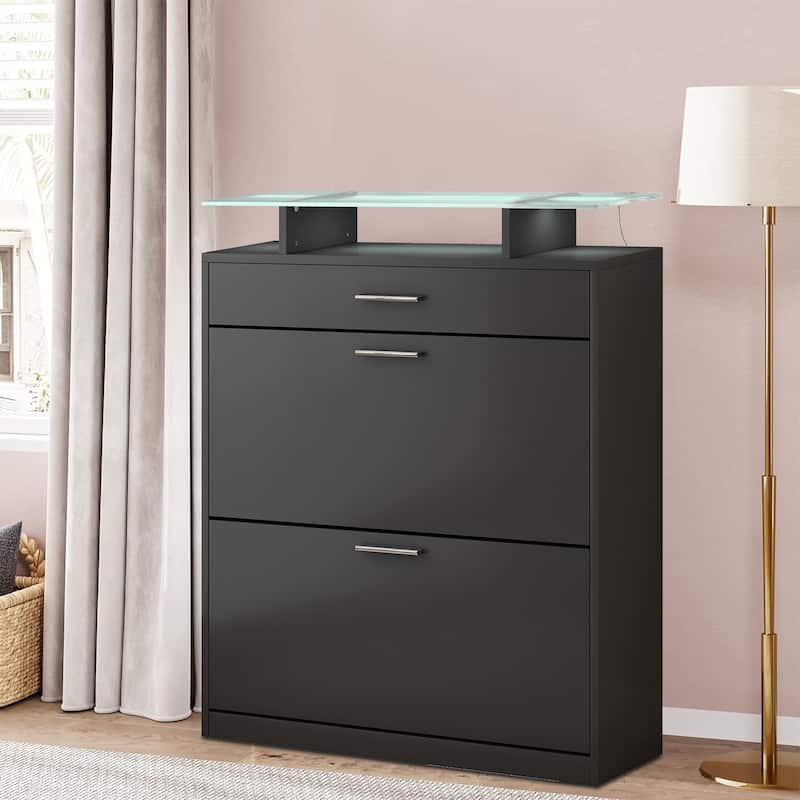 Wooden Shoe Storage Cabinet with Glass Top and LED Light Clamps - Black