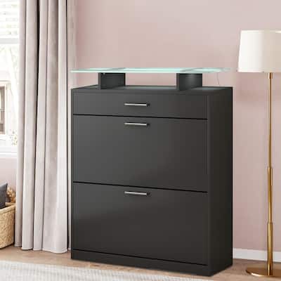 Wooden Shoe Storage Cabinet with Glass Top and LED Light Clamps