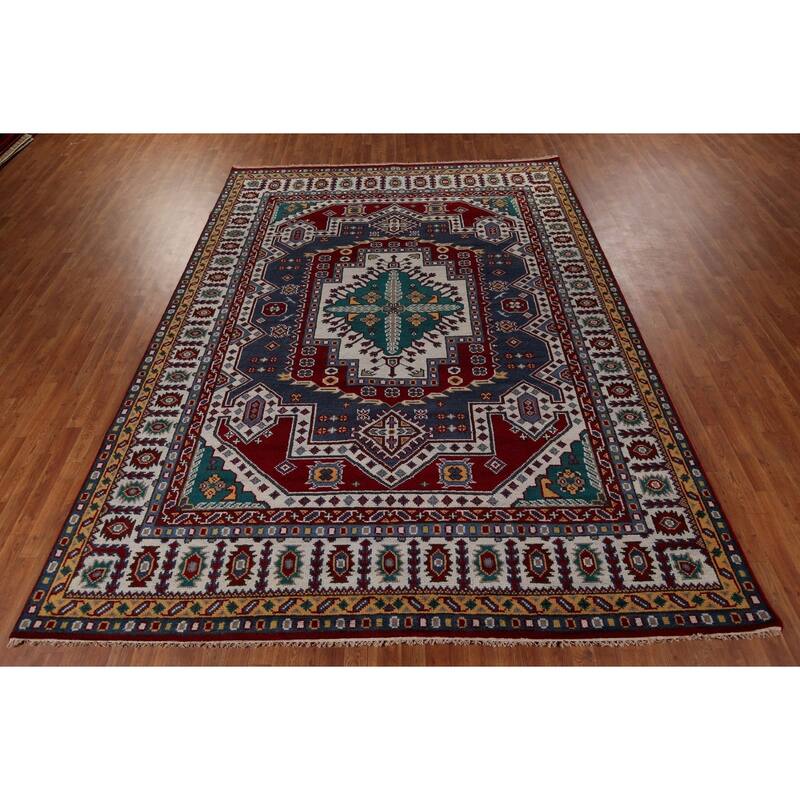 Geometric Kazak Area Rug Hand-Knotted Blue Oriental Wool Carpet - 8'10" x 11'8"
