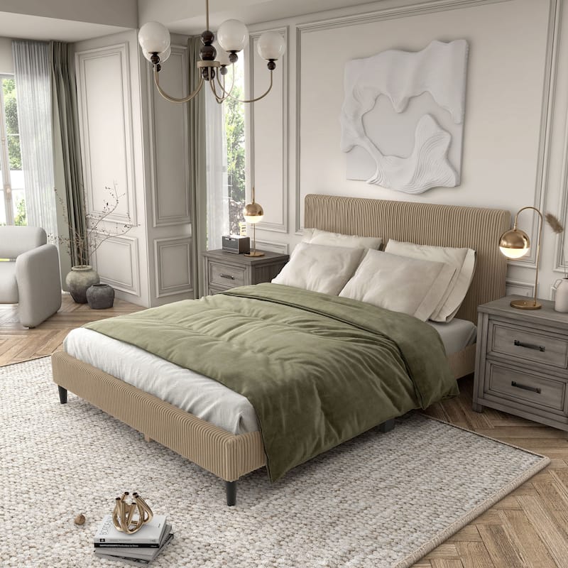 Furniture of America Modern Corduroy Queen Size Platform Bed, No Box Spring Needed