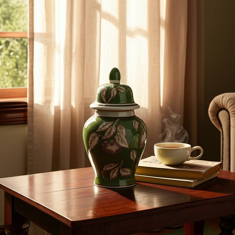 Ceramic Temple Jar Modern Pear Twigs Chinoiserie Design with Lid - 6" x 6" x 10.5"