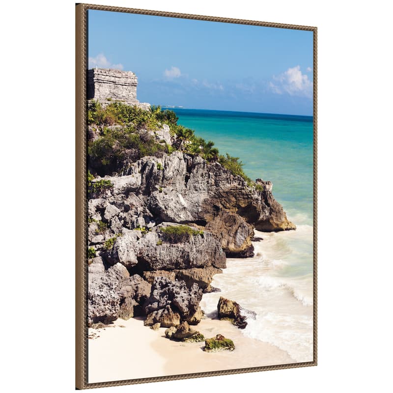 Kate and Laurel Sylvie Tulum Ruins Mexico Seascape Framed Canvas by Stephanie Klatt - 28x38 - Gold