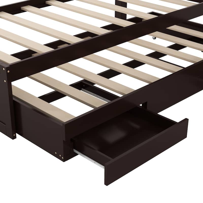Twin XL Size Solid Wood Platform Bed with Storage LED Headboard, Charging Station & 2 Drawers, Pull-out Trundle Bed for Bedroom
