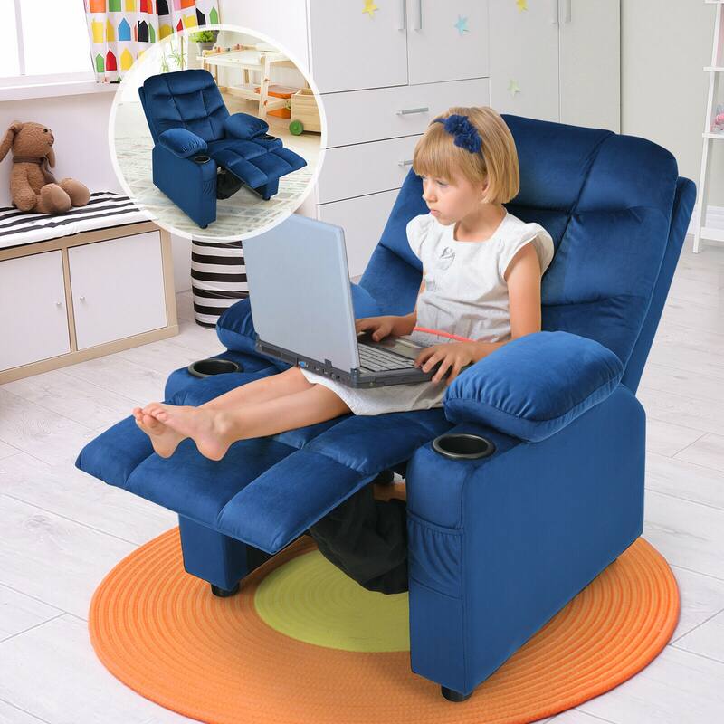 Gymax Kids Youth Recliner Chair Velvet Fabric w/Cup Holder & Side