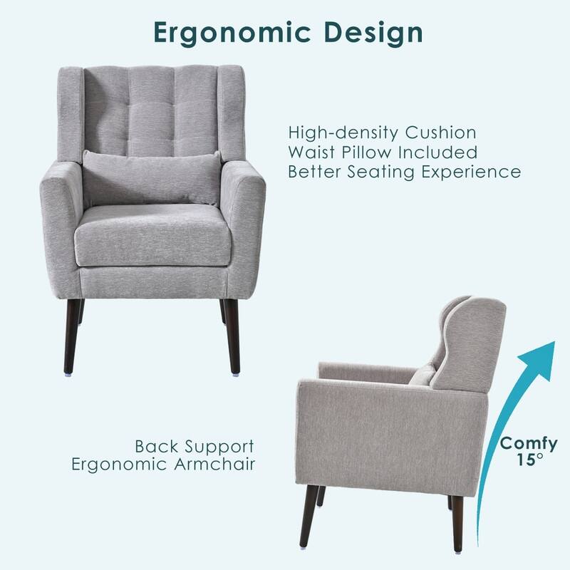 Modern Chenille Upholstered Armchair with Pillow and Solid Wood Leg