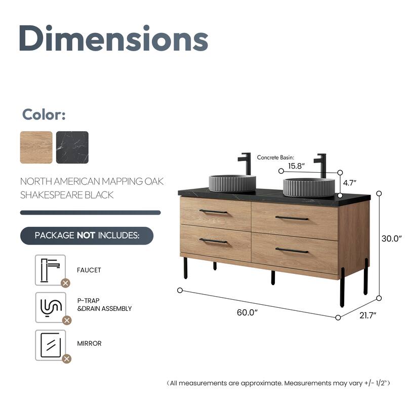 Trento Bath Vanity, Sintered Stone Top with Concrete Sink without Mirror