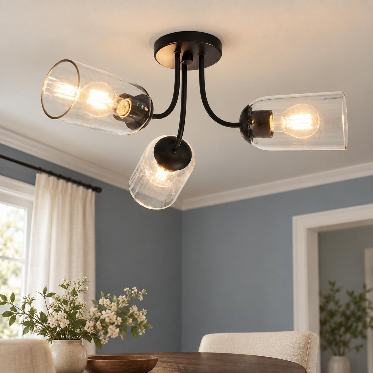 Mid-Century Modern 3-Light Matte Black Semi-Flush Mount Ceiling with Clear Glass Shade - 22