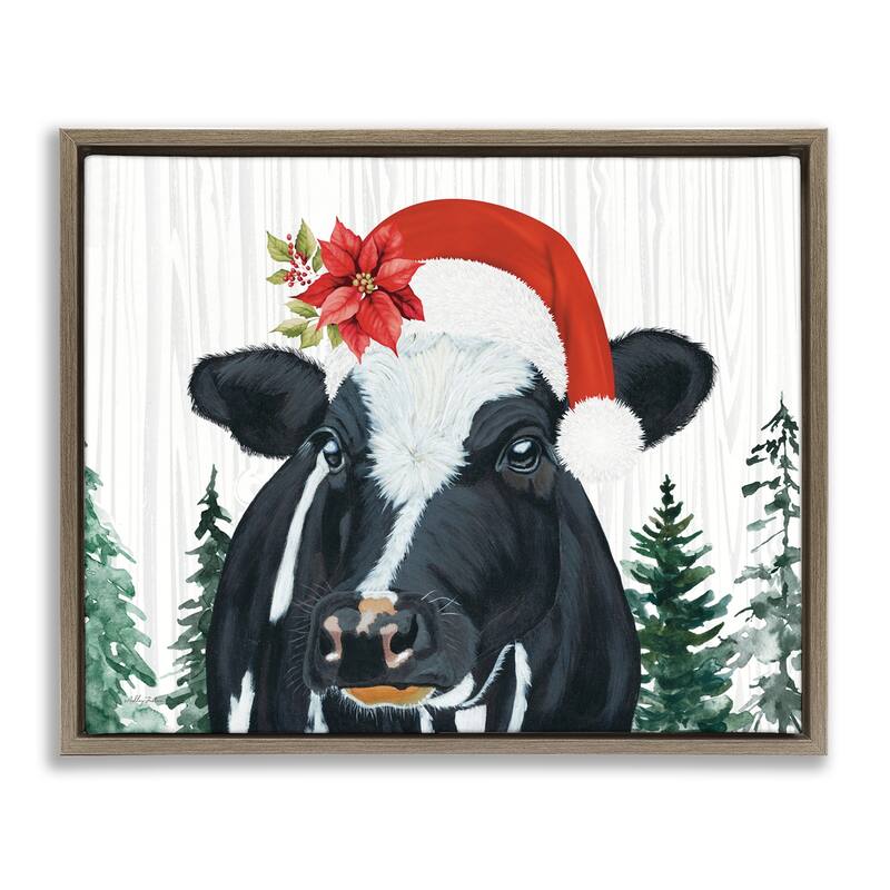 Stupell Christmas Hat Cow Portrait Framed Floater Canvas Wall Art Design By Ashley Justice - 31 x 25 - Brown