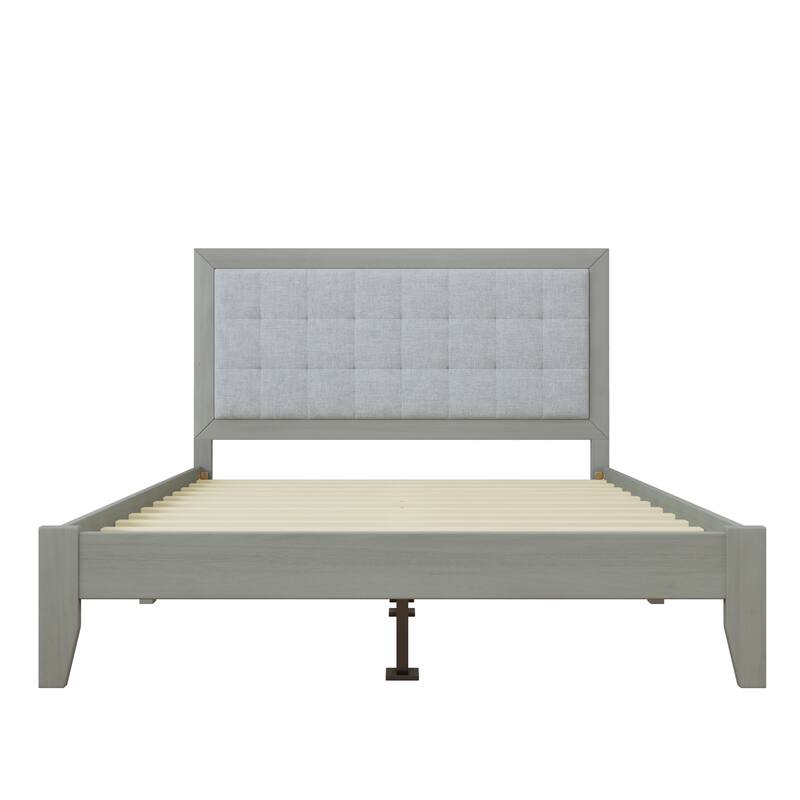 Roomfitters Solid Wood Platform Bed Frame, Mid-Century Upholstered Foundation with Tufted Headboard and Slats, Grey