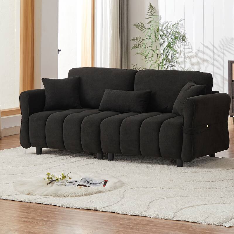 80'' Chenille Fabric Sofa with Lumbar Pillow, 3-seater Upholstered Sofa Chaise with 2 Cushions for Livingroom