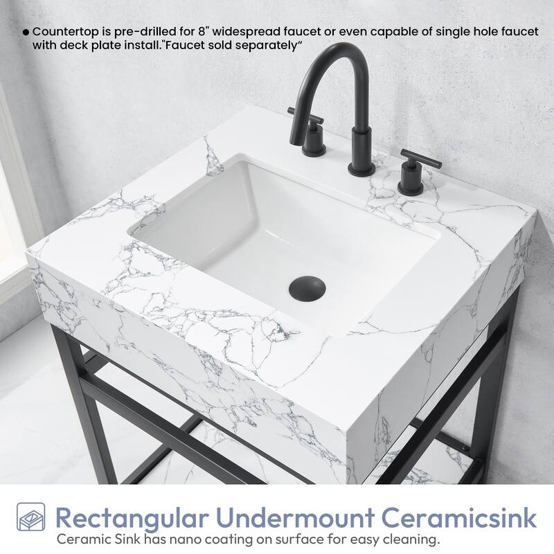 Ecija Bath Vanity, Metal Support with Composite Stone Top and Mirror