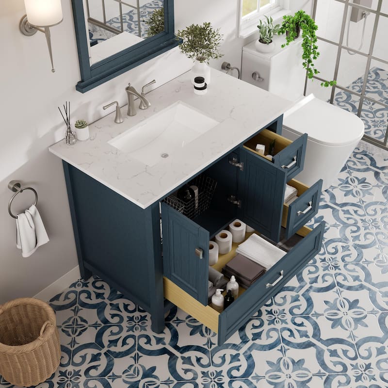Eviva Britney 36"W x 22"D Ash Blue Bath Vanity with Carrara Quartz Top