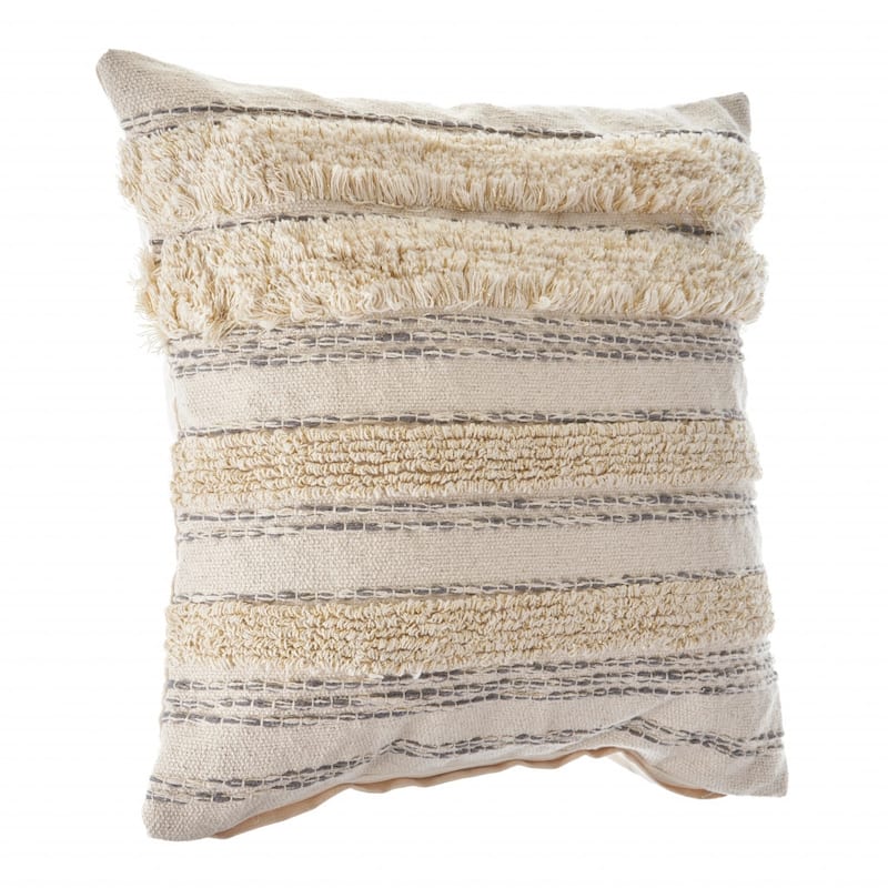 HomeRoots 20" X 20" Cream Gray And Gold 100% Cotton Striped Zippered Pillow