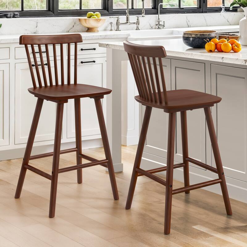 26 in. Modern Wooden Bar Stools with Slat Back Windsor-Style Solid Wood Counter Stools - 17.7 in. W x 17.7 in. D x 38.5 in. H