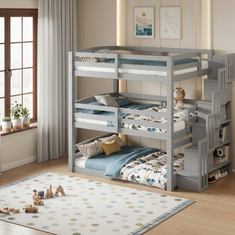 Full Size Triple Bunk Bed with Convertible Platform Bed & Storage Staircase by Harper&Bright Designs - Grey