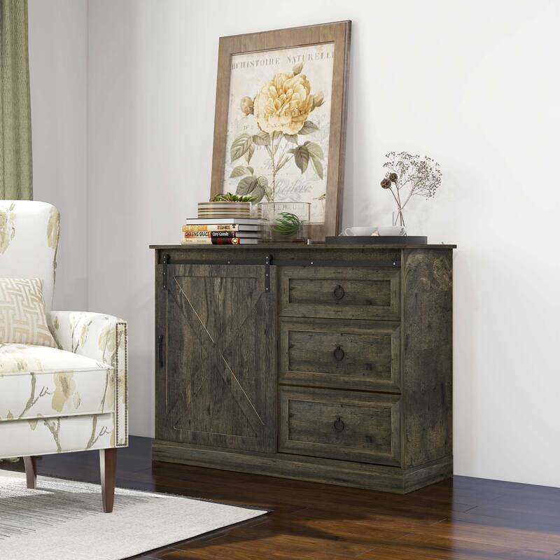 Sideboard Buffet Cabinet, Kitchen Cabinet Coffee Bar Cabinet with Sliding Barn Door and 3 Storage Drawers