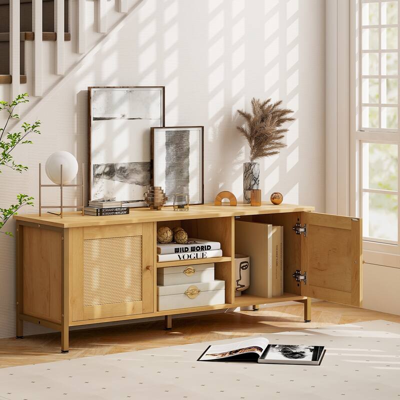 Natural Engineered Wood TV Stand with Faux Rattan Doors, Metal Feet and Storage Shelves - 48" x 16" x 19"(L x W x H)