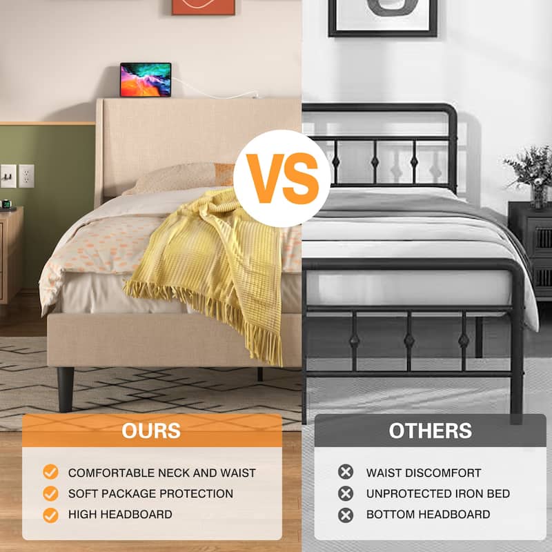 VECELO Bed Frame with Upholstered Wingback Headboard,Platform Bedframe with Charging Station & Side Pockets
