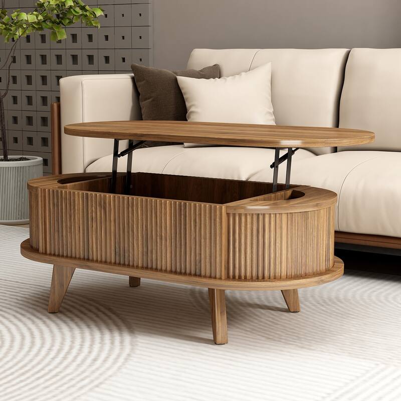 Fluted Lift Top Coffee Table with Hidden Compartment, Wooden Center Table, Modern Oval Lift Tabletop for Home Living Room