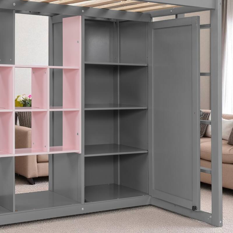 Space-Saving Twin/Full Loft Bed, Solid Wood Frame with Open Wardrobe, Colorful Shelves, Cabinet Storage & Reversible Ladder